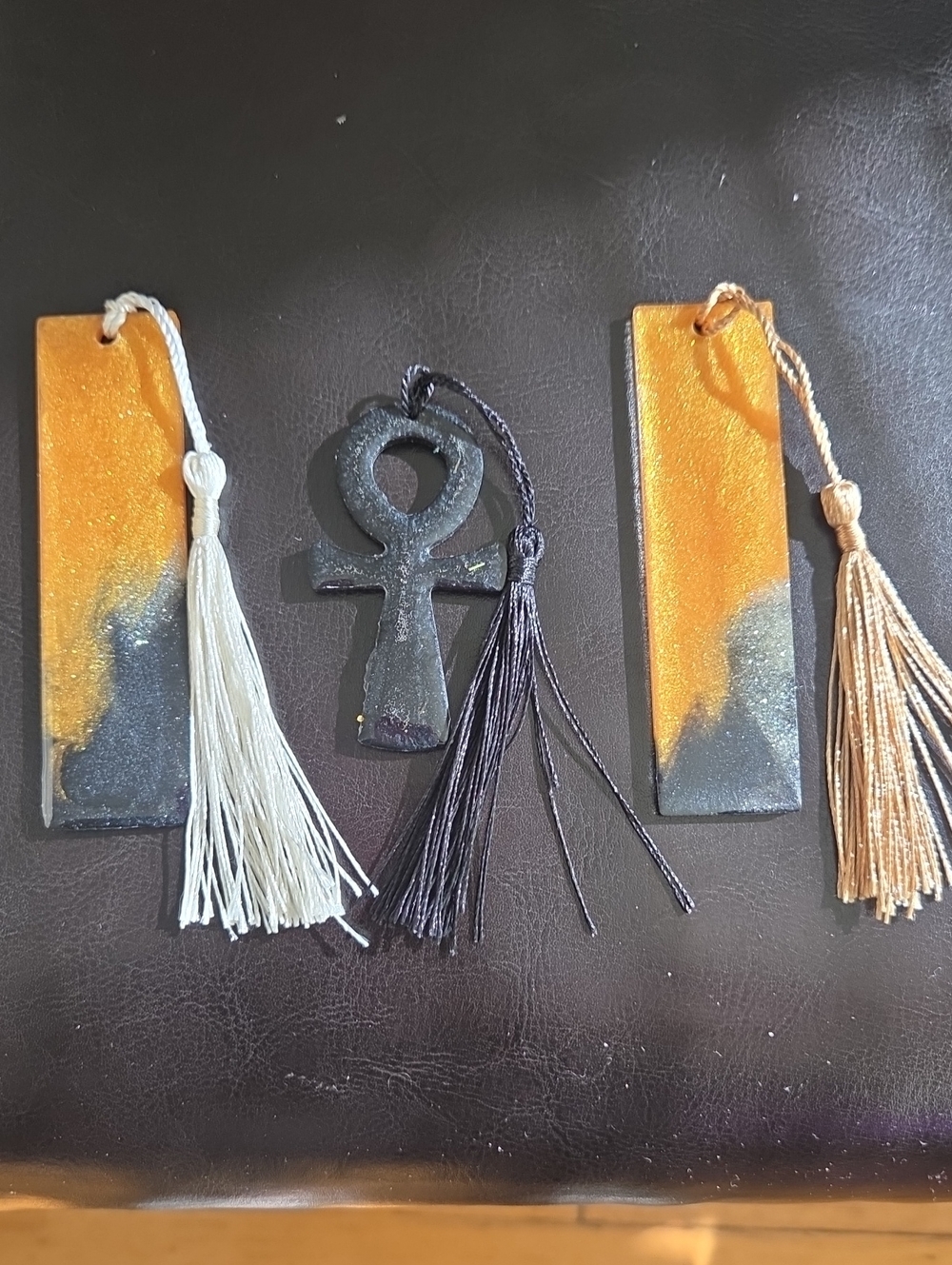✨️Handcrafted Gold, Silver and Black Resin Tassel Bookmarks and Ankh Bookmark